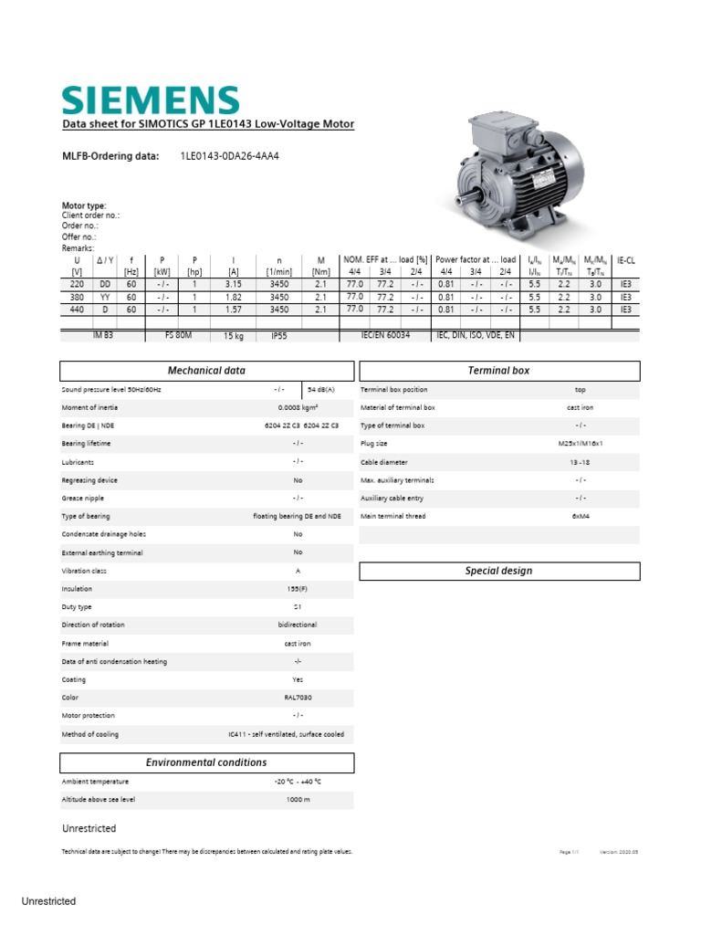 Data Sheet For SIMOTICS GP 1LE0143 Low-Voltage Motor | PDF | Mechanical ...