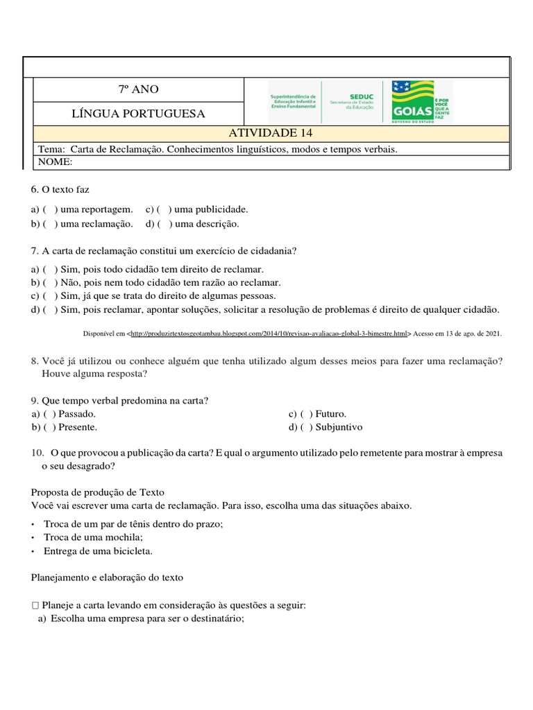 Atividade de Carta de Reclamação 7º Ano | PDF