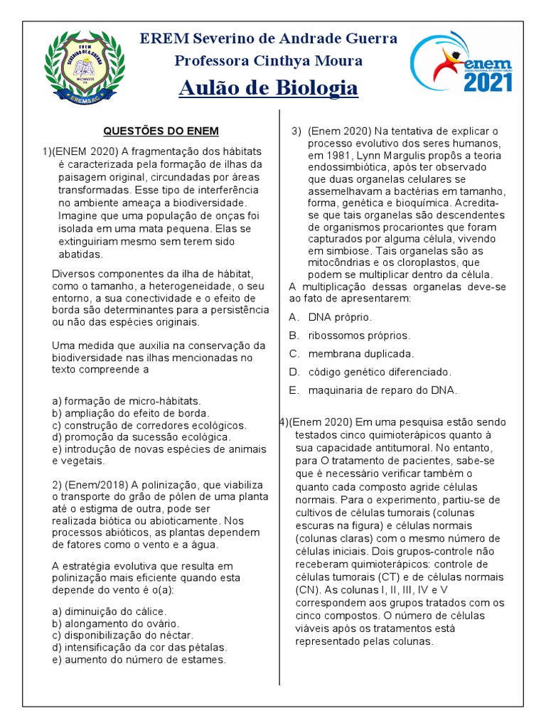 Questoes Do ENEM para Aulao 2021 - Biologia - Aluno | PDF | Célula ...
