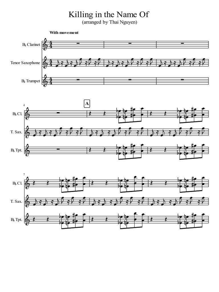 Killing in The Name Of: (Arranged by Thai Nguyen) | PDF | Saxophone ...