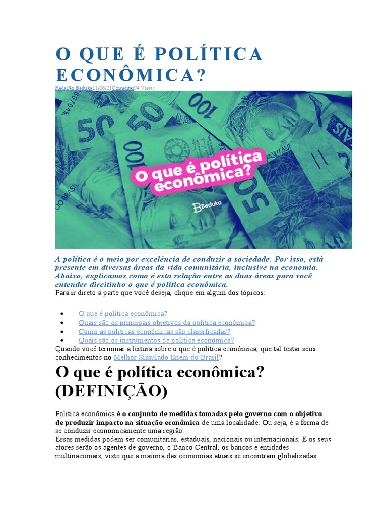 O Que É Política Econômica | PDF | Economia | Politica fiscal
