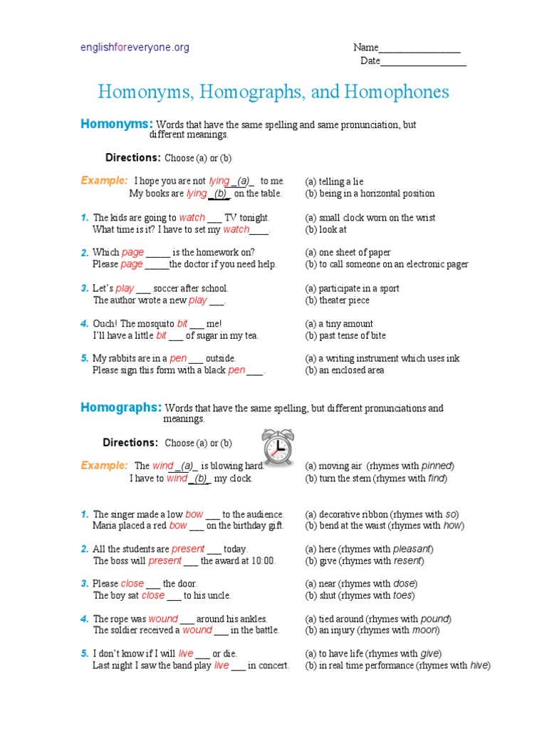 Homonyms, Homographs, Homophones Quiz | PDF | Linguistics
