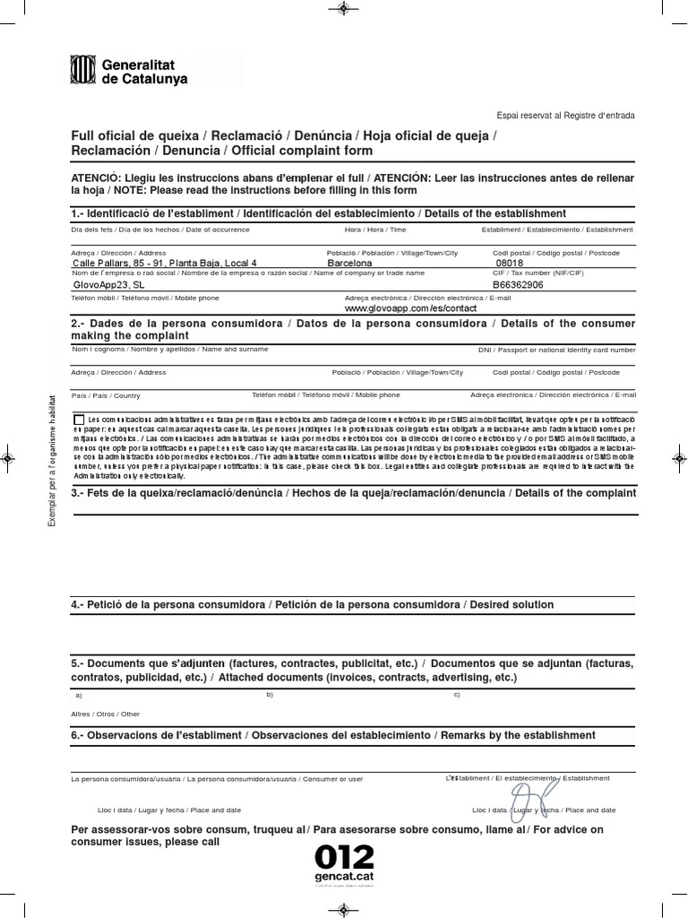 Hoja de Reclamación Oficial Catalunya PDF