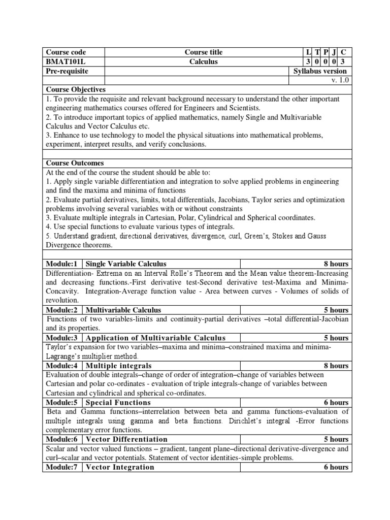 Engineering Calculus Course Syllabus | PDF | Derivative | Integral