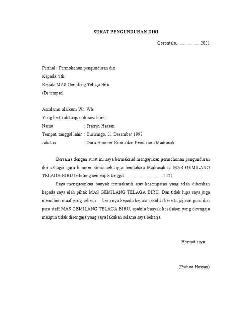 Surat Pengunduran Diri Guru Honorer | PDF