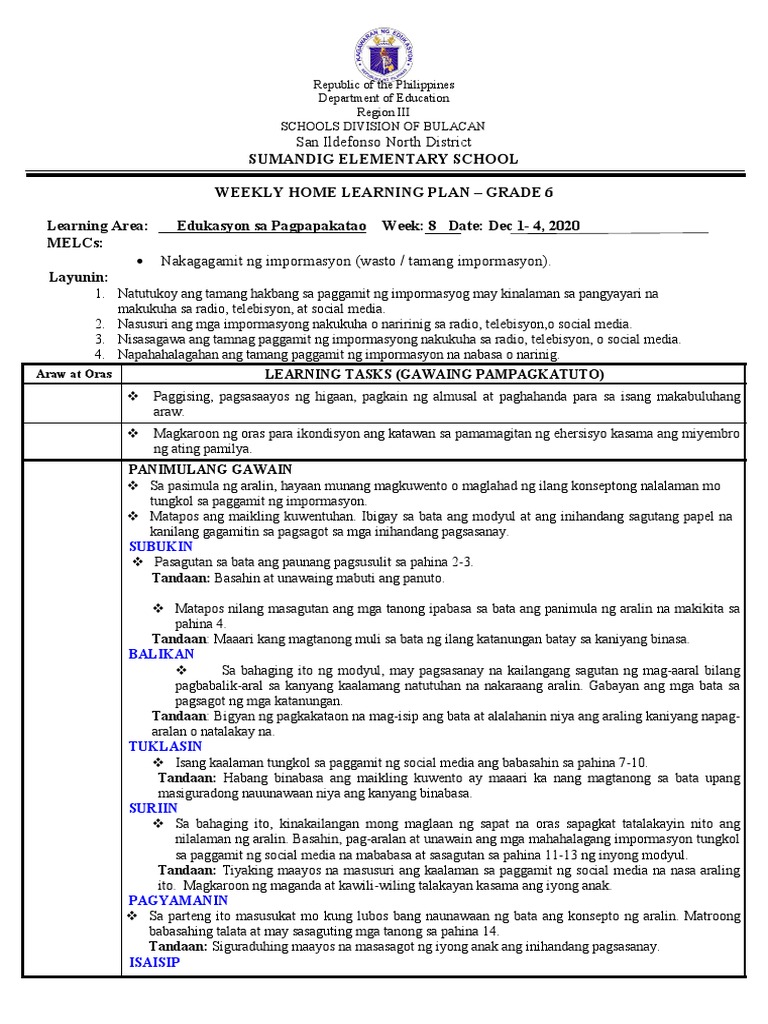 FINAL WEEKLY HOME LEARNING PLAN in ESP6 Q1 MODULE 3 | PDF