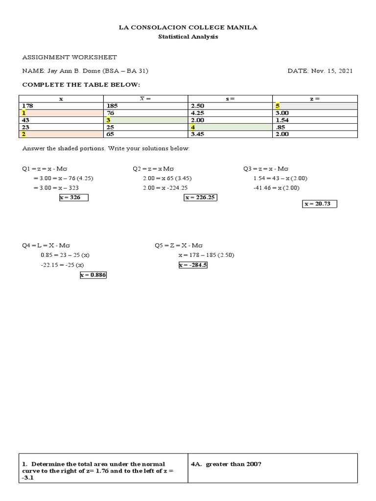 Statistical Analysis Assignment Worksheet | PDF | Statistics ...