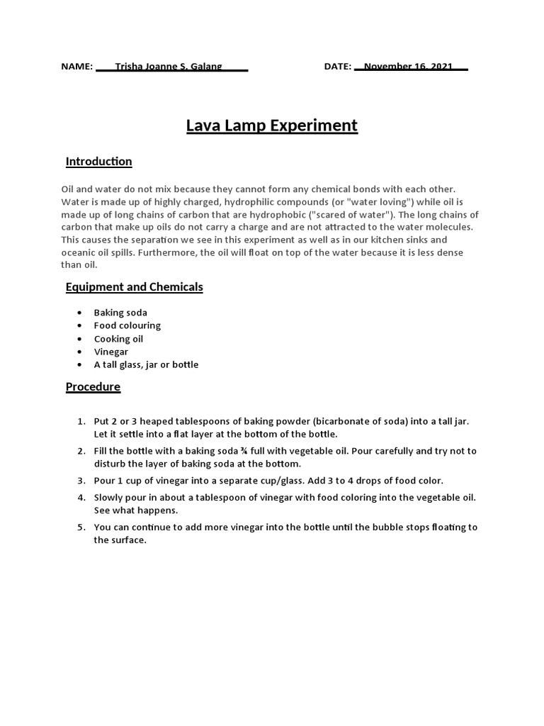 Lava Lamp Experiment NAME Trisha Joanne S. Galang DATE November 16