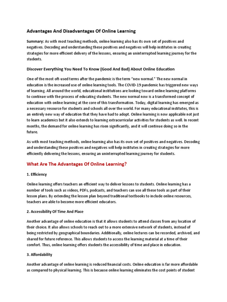 Advantages and Disadvantages of Online Learning | PDF | Educational ...