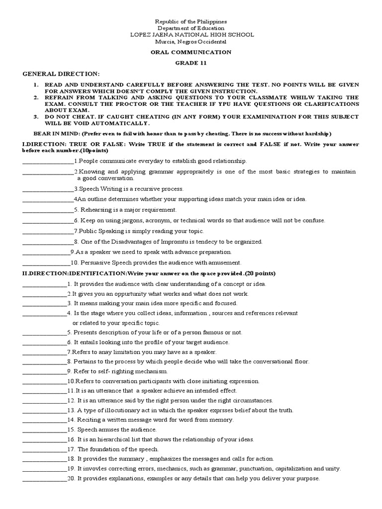 Oral Communication Grade 11 Exam True or False, Identification, Enumeration, and