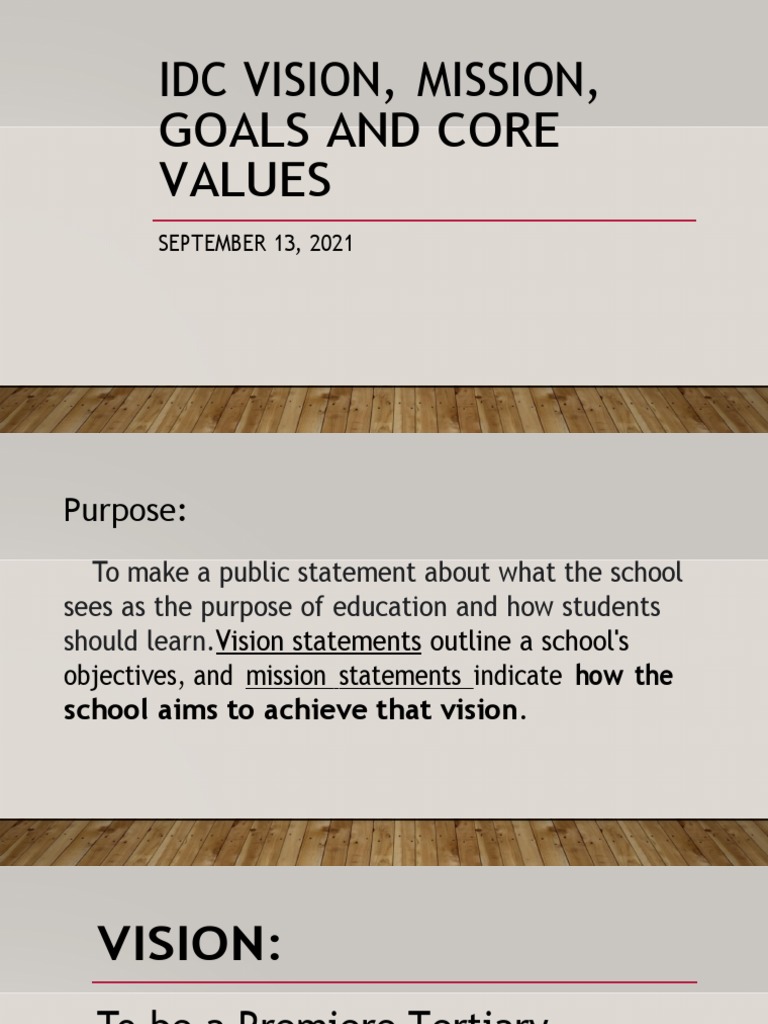 Idc Vision, Mission, Goals and Core Values | PDF