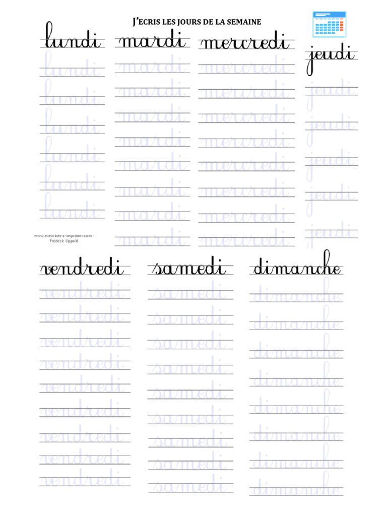 Les Jours De La Semaine En Cursive Pdf Exercices A Imprimer - Com Jécris Les Jours de La Semaine Écriture Cursive  | PDF