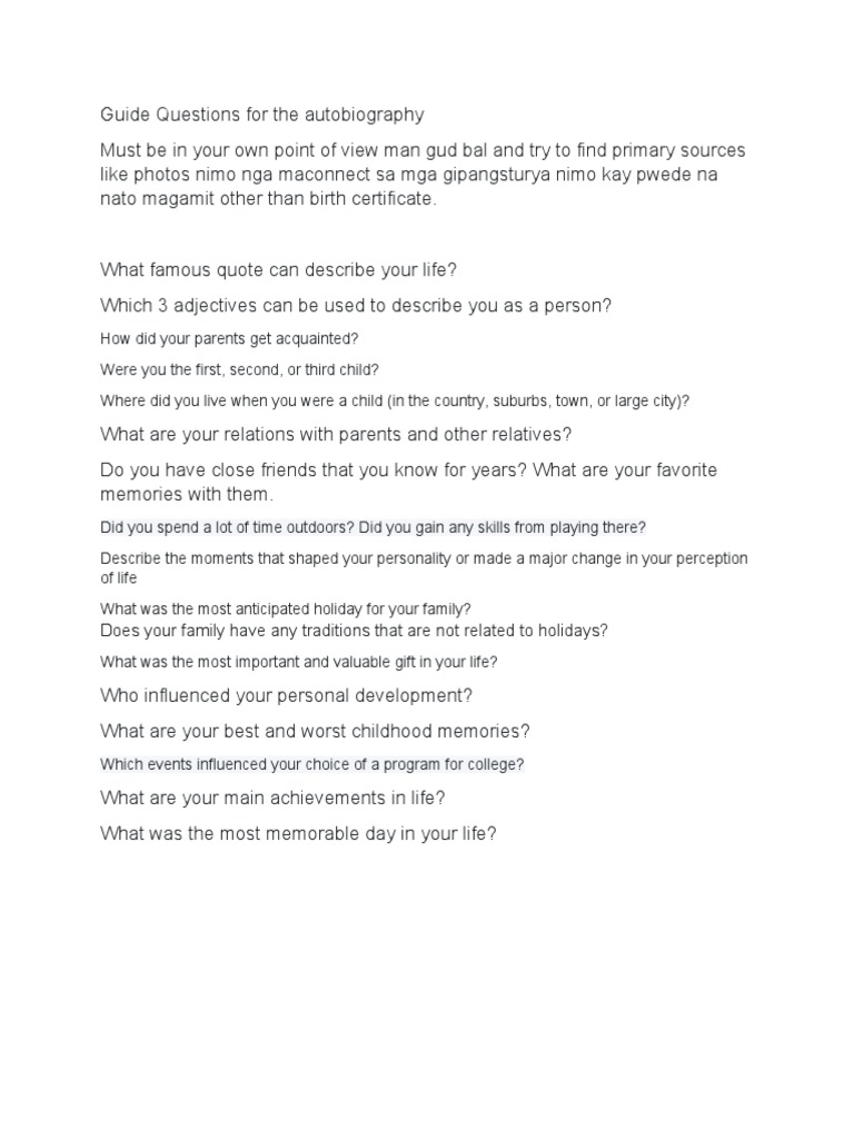 Autobiography Guide Questions | PDF