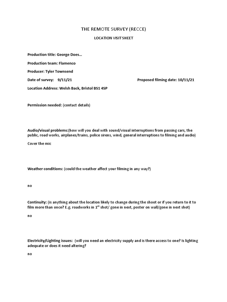 Recce Location Template Bristol Dock | PDF