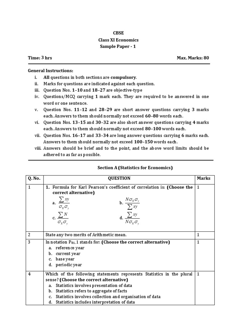 CBSE Class 11 Economics Sample Paper 1 1 | PDF | Demand | Economic ...