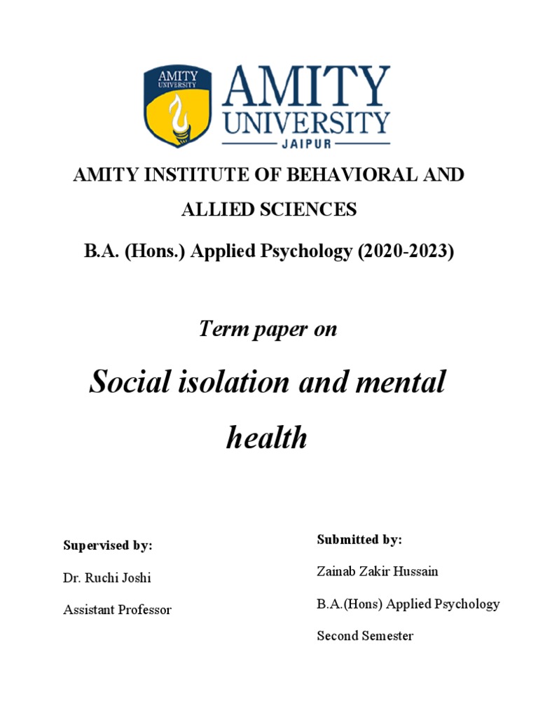 Social Isolation (Term Paper) NTCC - Zainab Zakir Husain | PDF | Mental ...