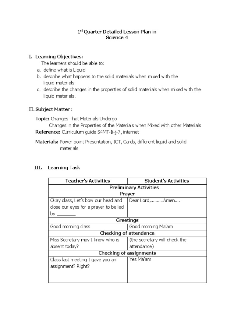 Grade 5 Science Lesson Plan: Liquids | PDF | Lesson Plan | Teachers