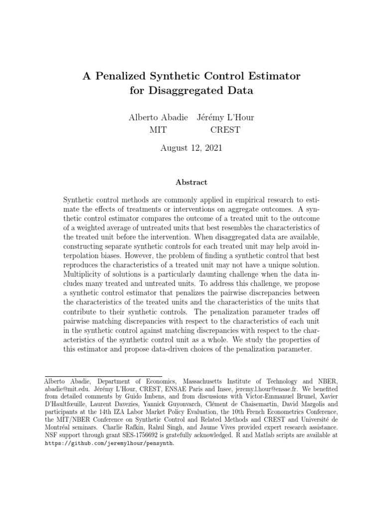 Penalized Synthetic Control Estimator | PDF | Statistics | Regression ...