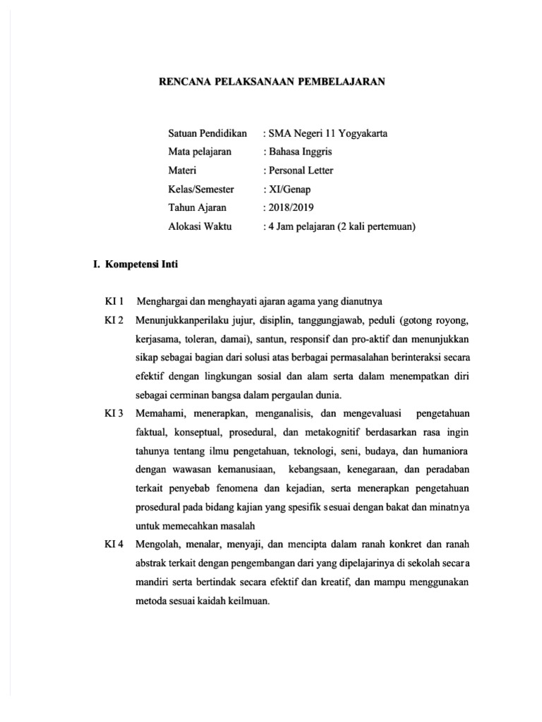 PDF RPP Personal Letter Kelas Xi Compress | PDF