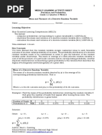 Weekly Learning Activity Sheet Statistics and Probability Grade 11 Quarter 3 Week 2 Mean and Variance of A Discrete Random Variable