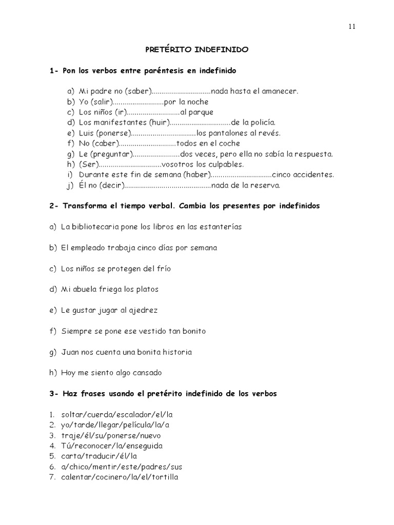 Ejercicios de Pretérito Indefinido | PDF | Juegos y actividades | Artes ...