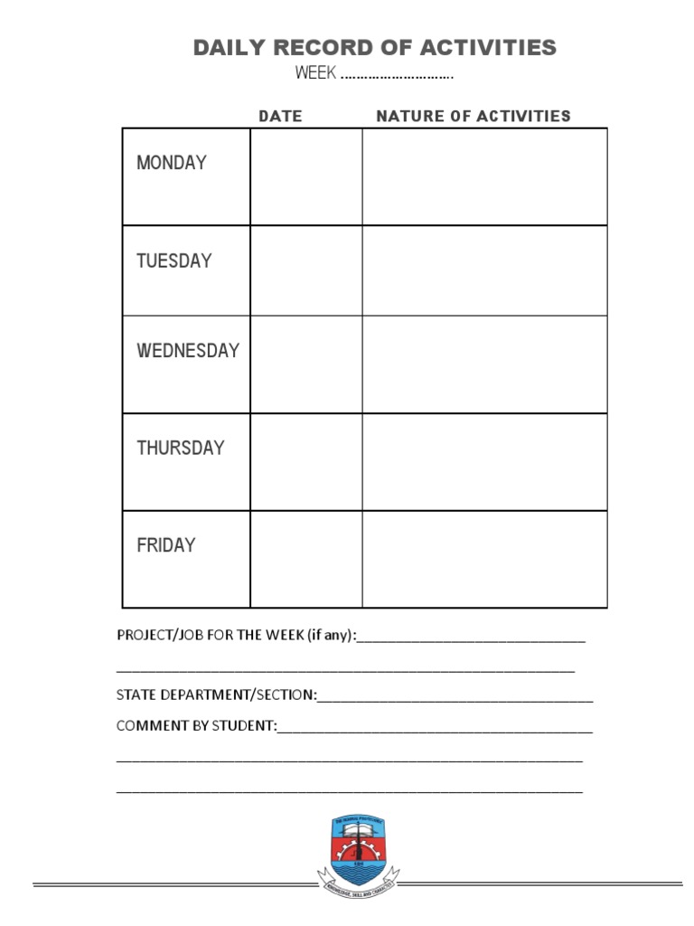 Daily Record of Activities: Monday | PDF