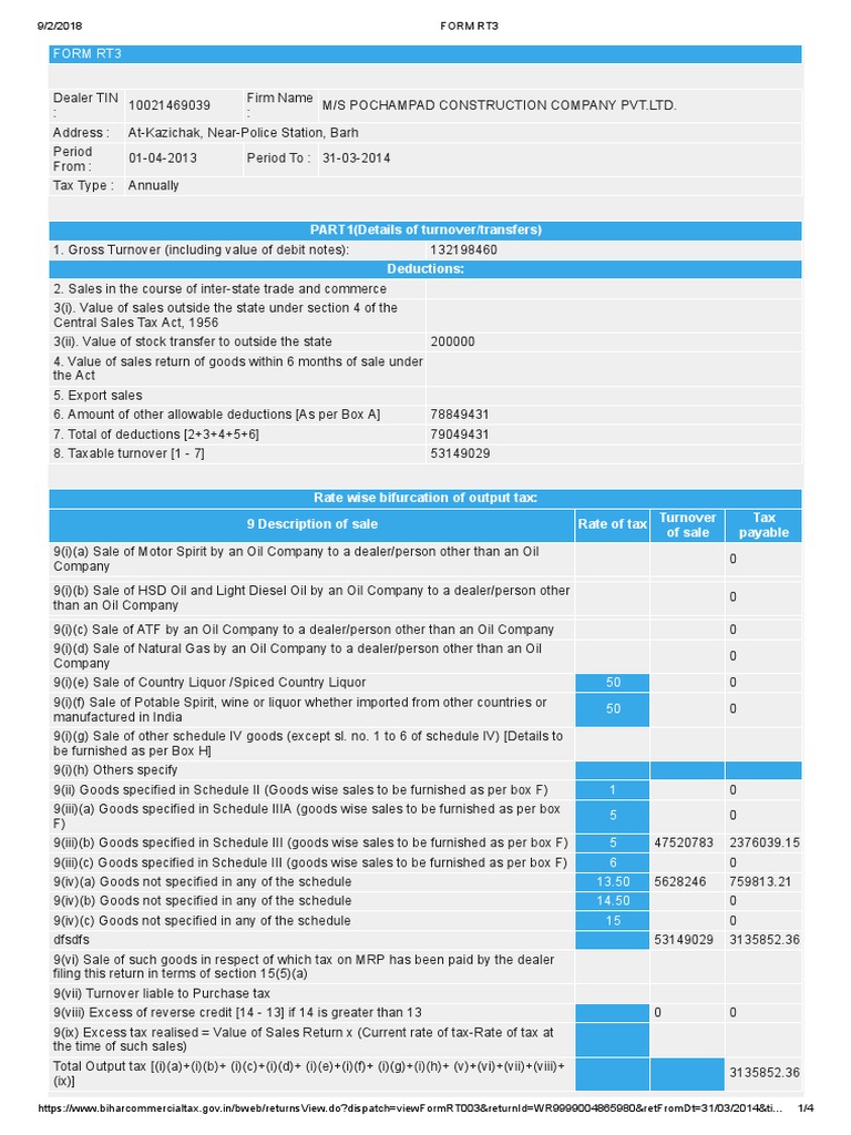 PART1 (Details of Turnover/transfers) Deductions:: Form Rt3 | PDF | Tax ...