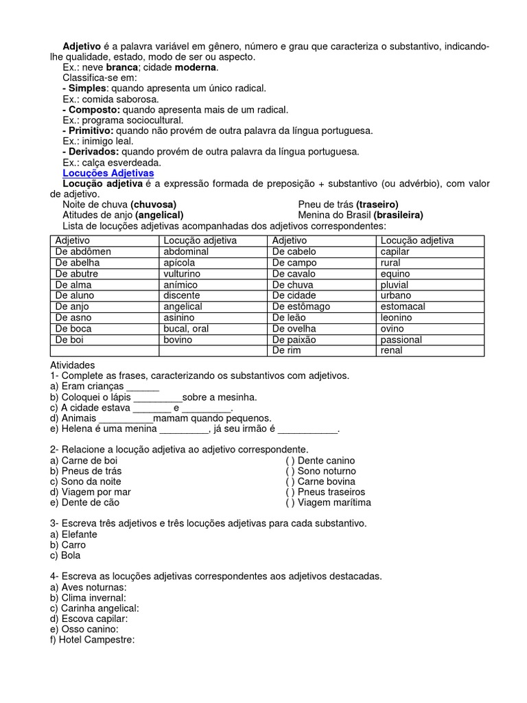 Classificação e exemplos de adjetivos e locuções adjetivas | PDF ...