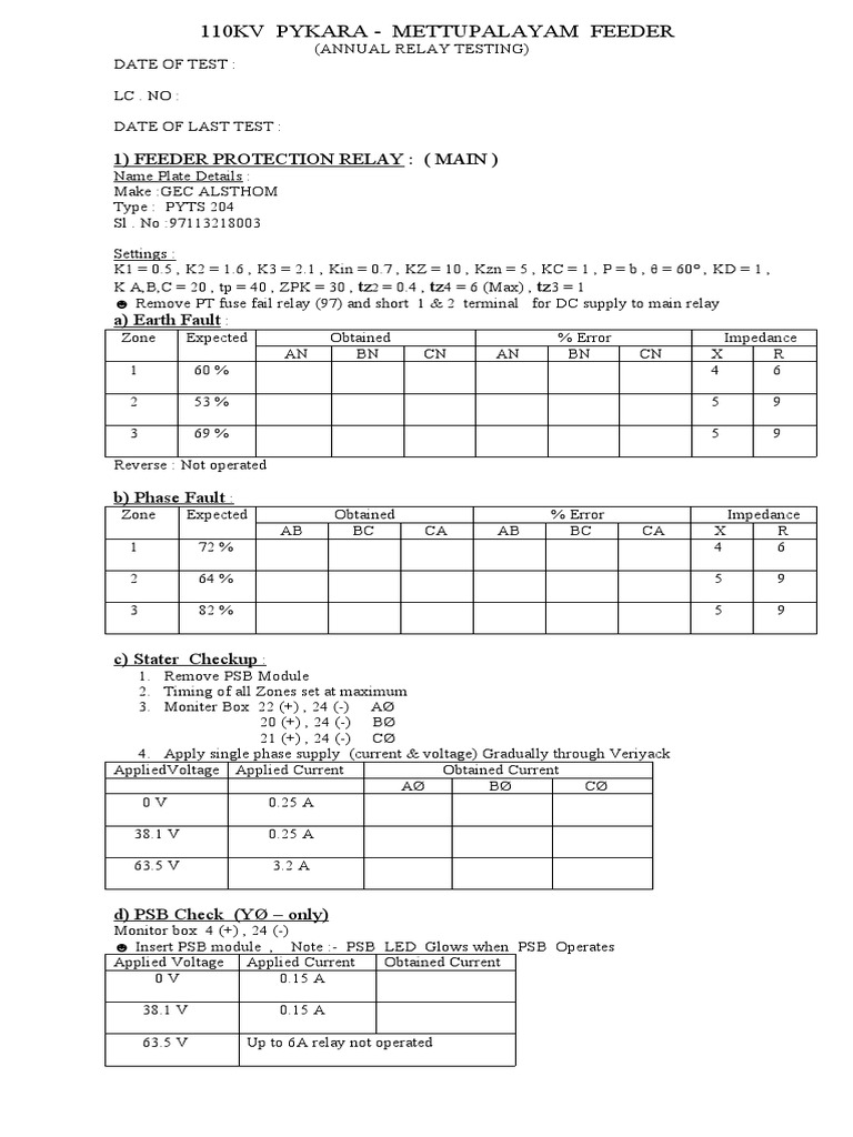 110kV Feeder Relay Testing Report | PDF | Relay | Electrical Components