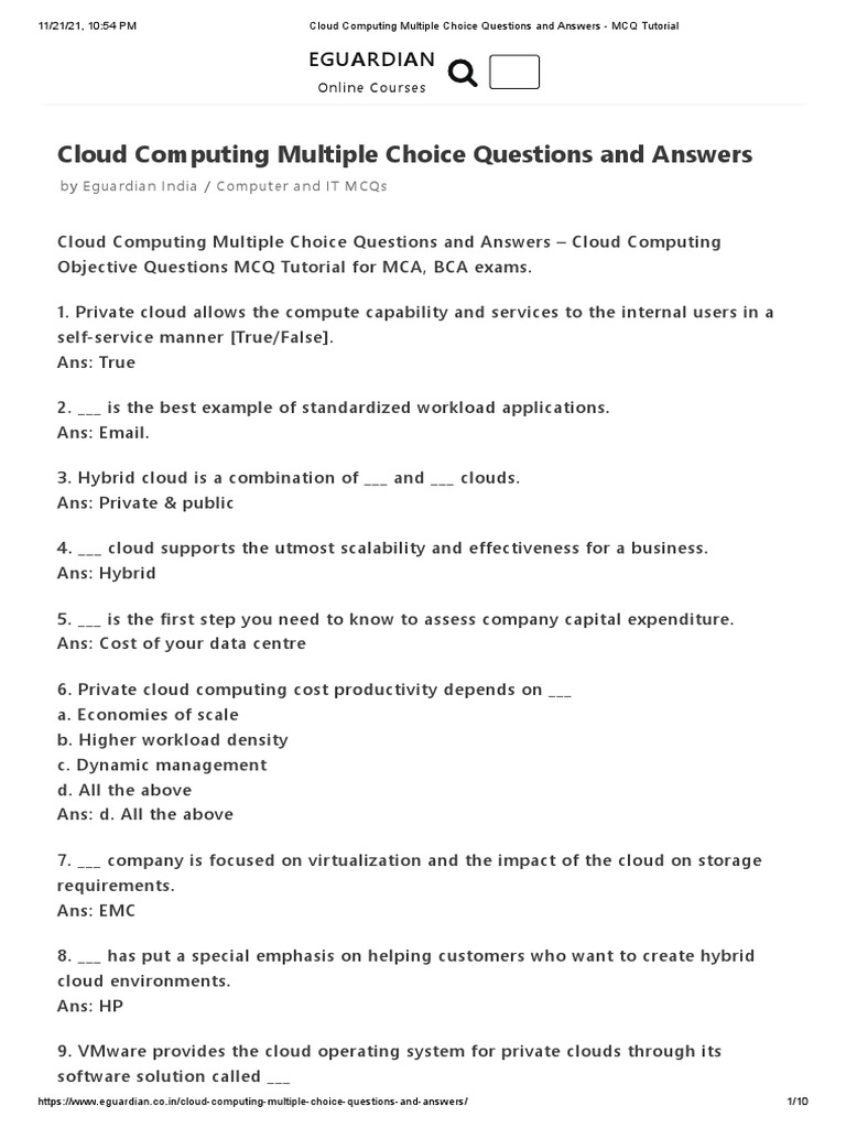 Mcq Questions On Cloud Computing With Answers