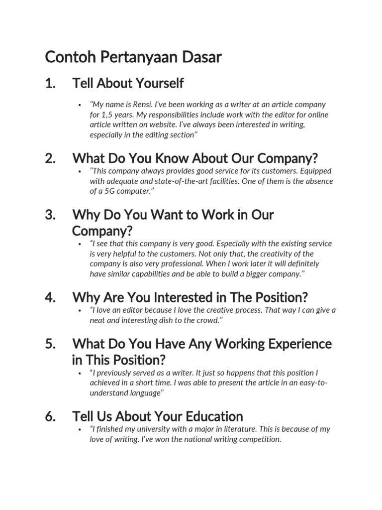 Contoh Pertanyaan Dasar INTERVIEW | PDF | Cognition | Communication
