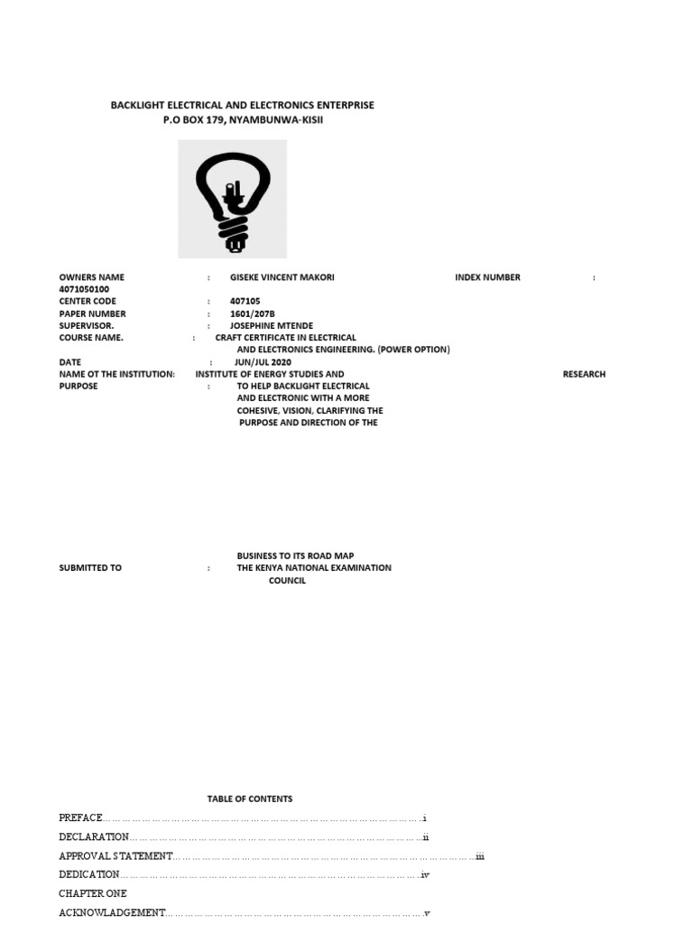 Backlight Electrical and Electronics Enterprise P.O Box 179, Nyambunwa