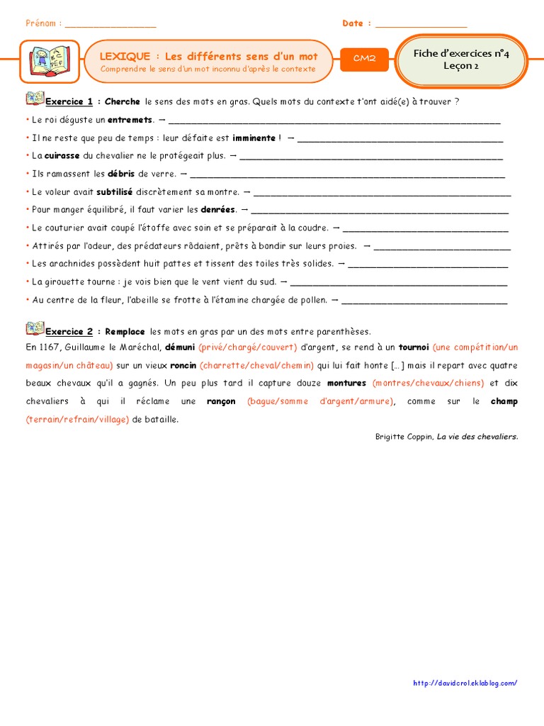 Les Différents Sens D un Mot Ce2 Exercices Pdf