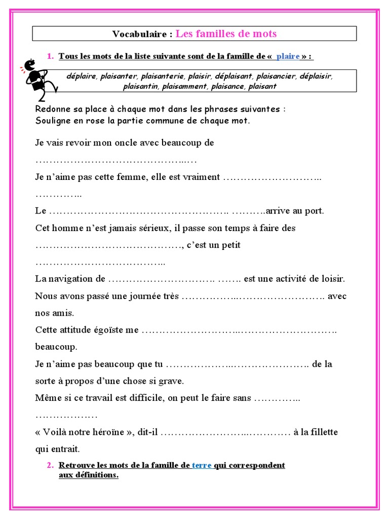 Mots De La Même Famille Exercices Vocabulaire FAMILLE DE MOTS SIXIEME | PDF
