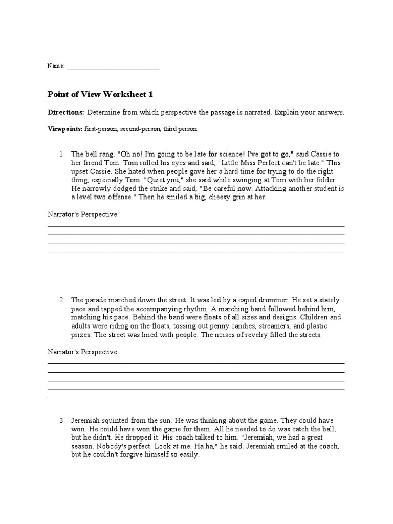 Point of View Worksheet PDF Narration