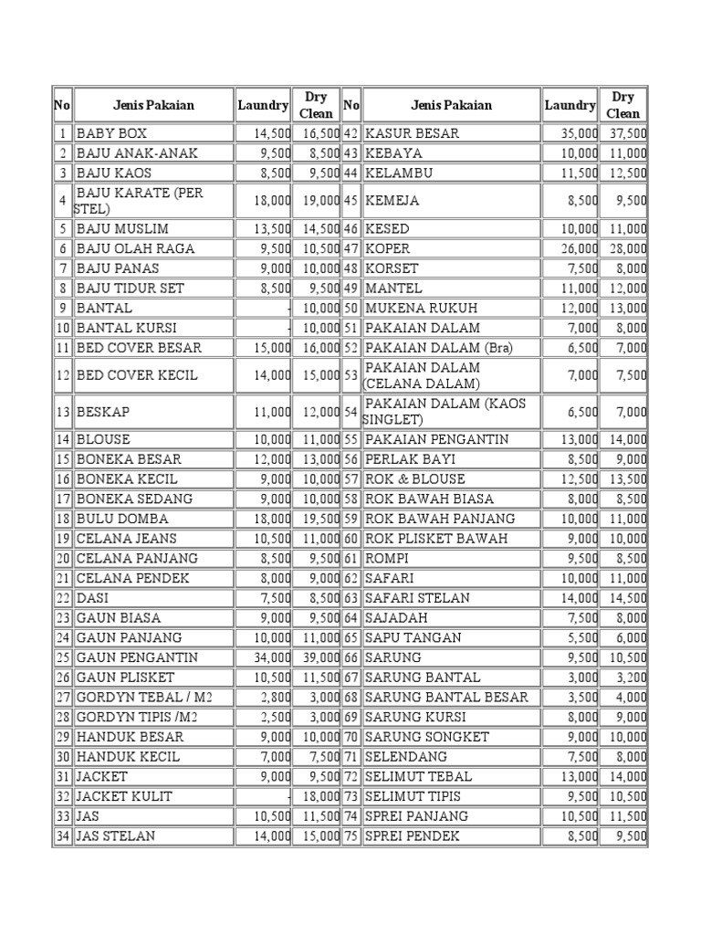 Daftar Harga Laundry & Dry Clean