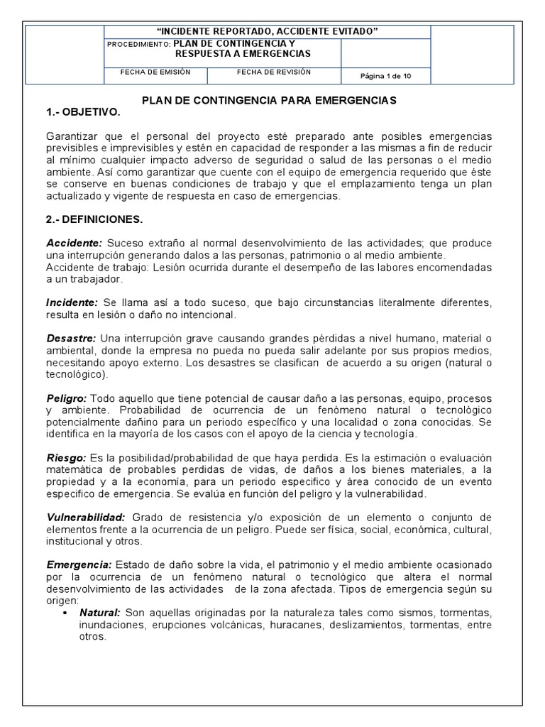 Plan de Contingencia y Emergencias | PDF | Accidentes | Primeros auxilios