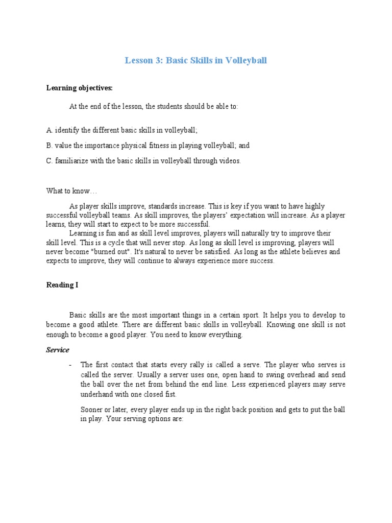 Lesson 3 Basic Skills In Volleyball Learning Objectives Pdf