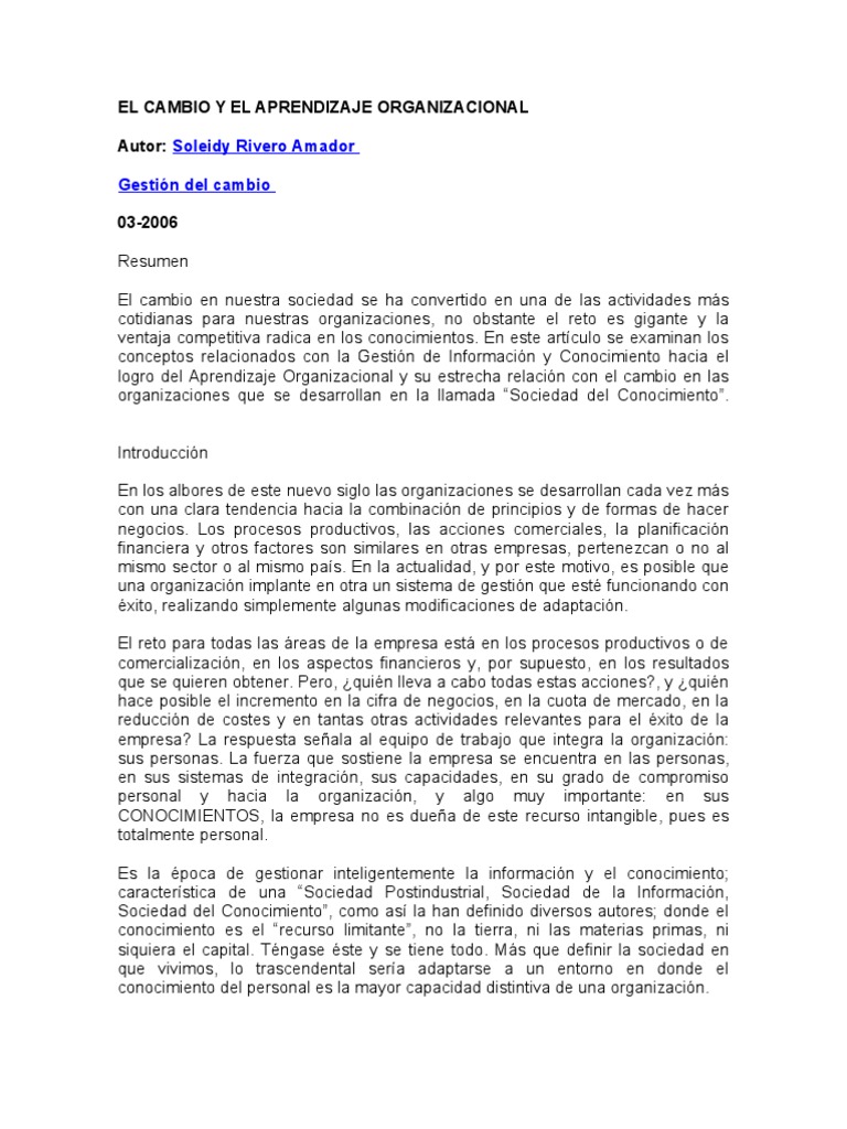 El Cambio y El Aprendizaje Organizacional | PDF | Conocimiento ...