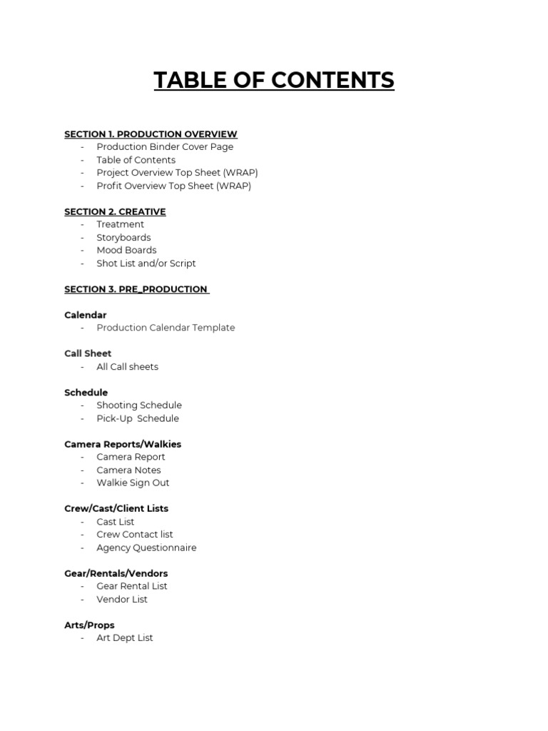 Binder Table of Contents PDF