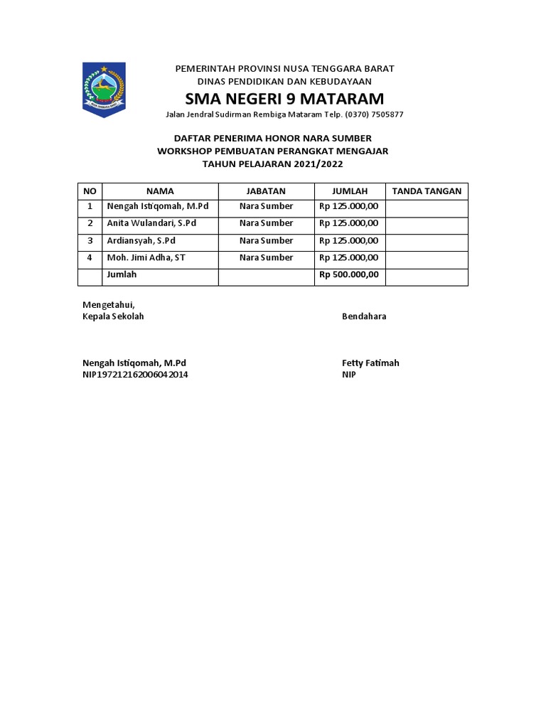Daftar Penerima Honor Dan Daftar Hadir Narasumber | PDF