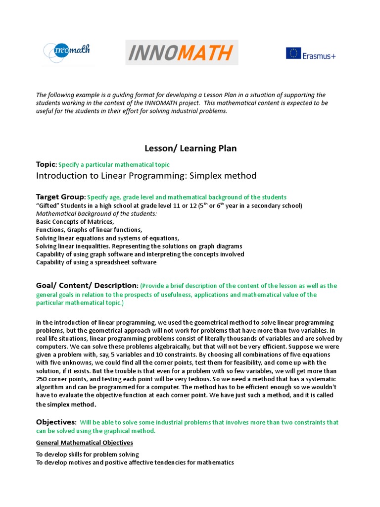 Introduction To Linear Programming: Simplex Method: Lesson/ Learning ...