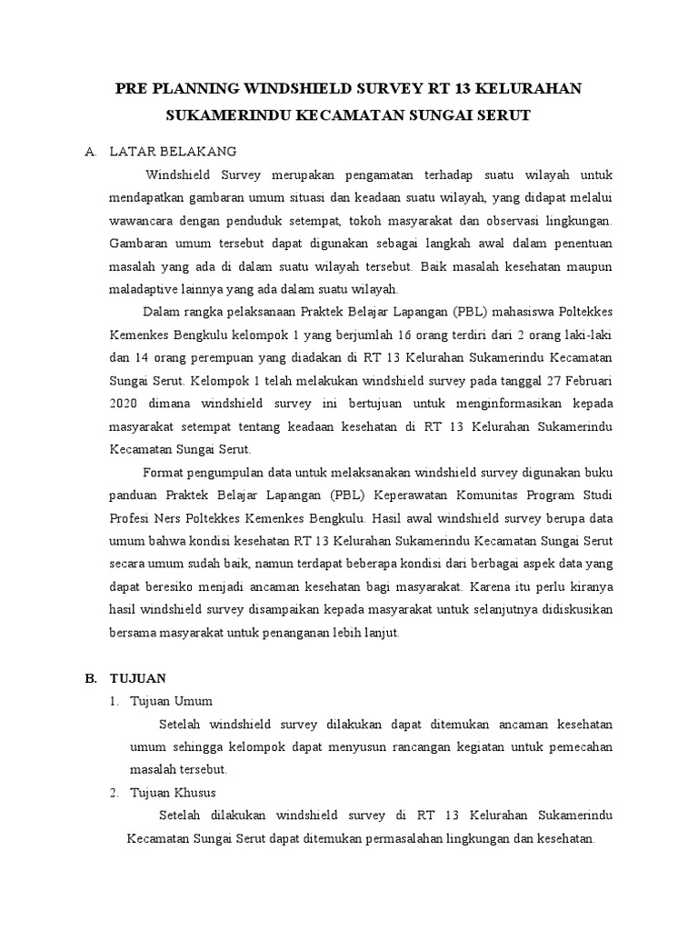 Pre planning windshield survey rt 13 kelurahan sukamerindu kecamatan