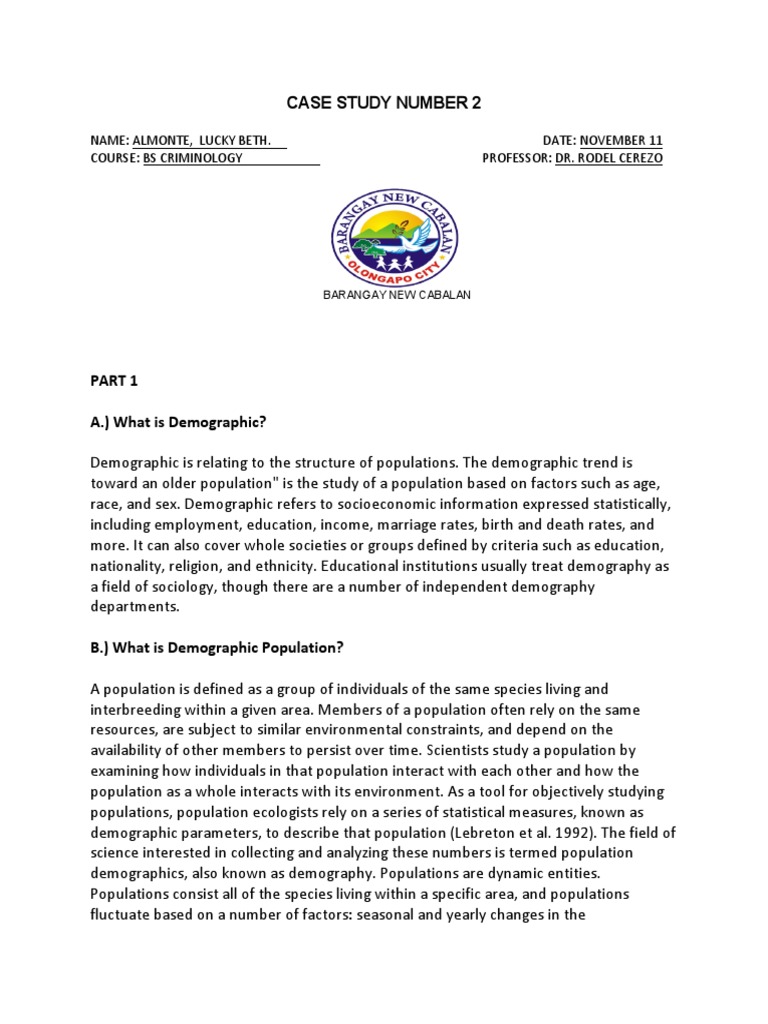 Case Study Number 2 Barangay New Cabalan PDF Demography Population