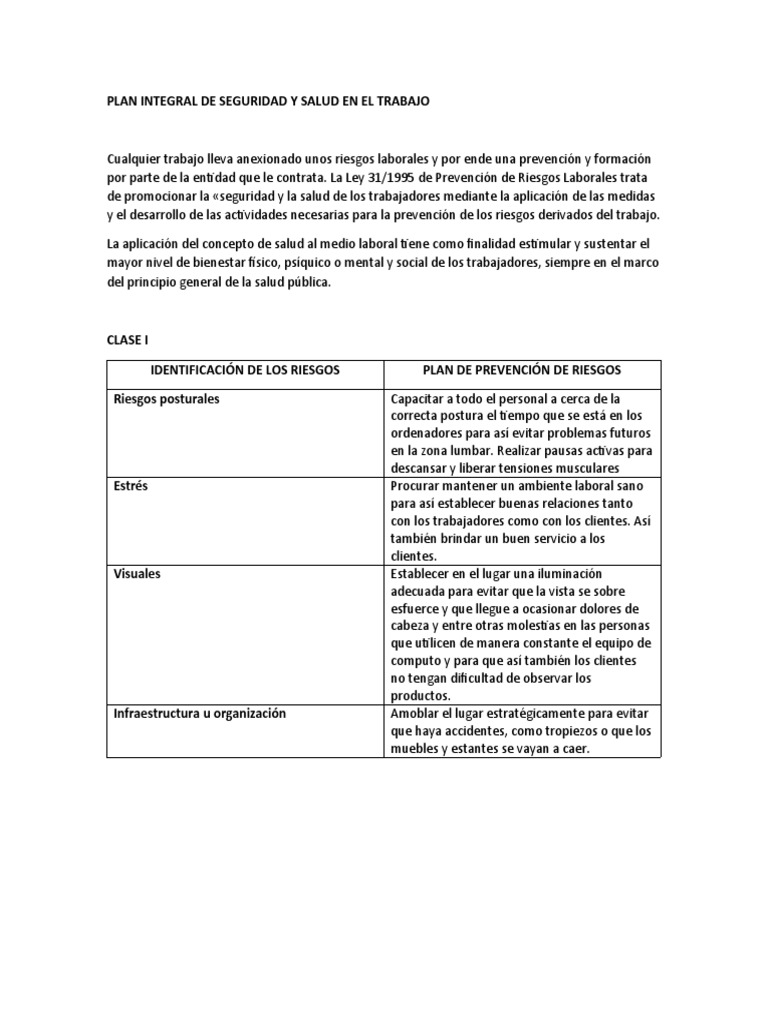 Plan Integral de Seguridad y Salud Laboral | PDF | Ciencias de la Salud