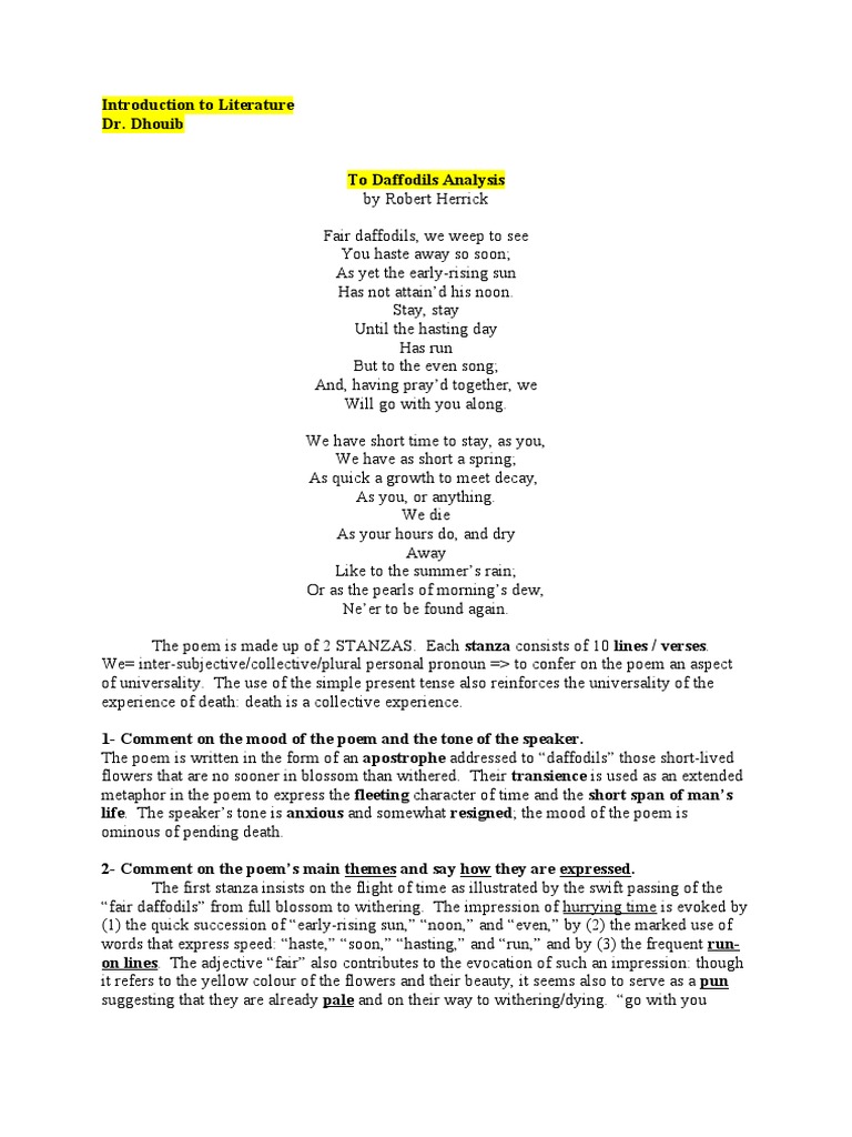 To Daffodils Analysis PDF Linguistics Grammar