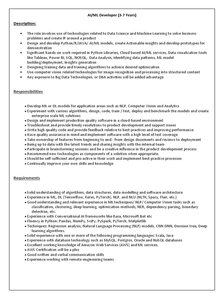 Machine Learning Engineer Job Description: Build, Train, and Deploy ...