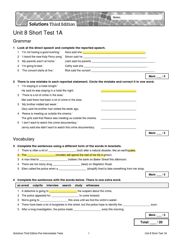Unit 8 Short Test 1A Solutions | PDF | Crimes | Deviance (Sociology)