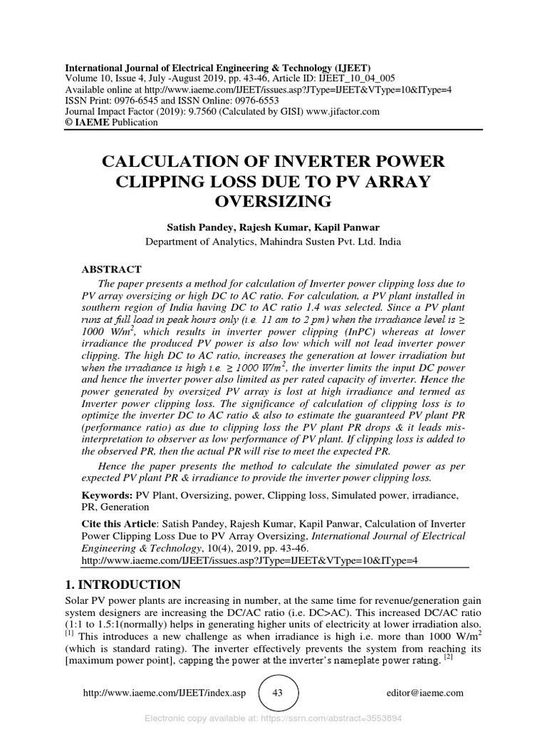 Calculation of Inverter Power Clipping Loss Due To PV Array Oversizing ...