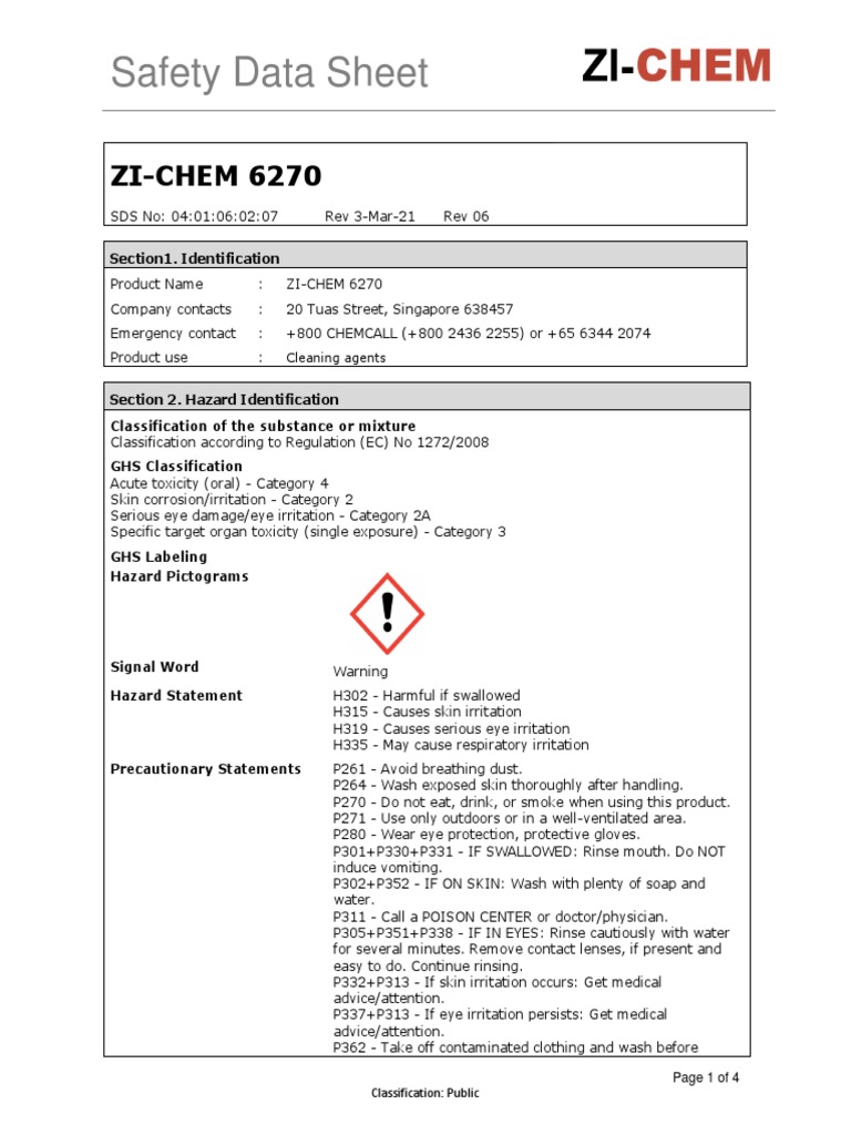 Safety Data Sheet: ZI-CHEM 6270 | PDF | Chemistry | Workplace